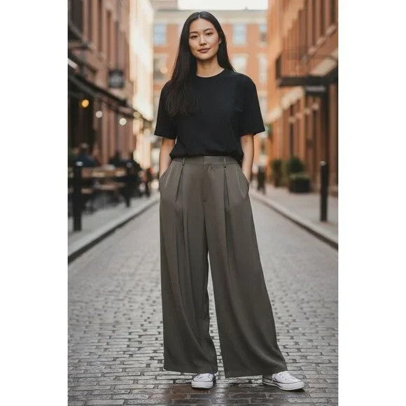 Tronjori Womens XL Taupe Wide Leg Palazzo Pants Pleated Boho Lagenlook Casual - Picture 1 of 8